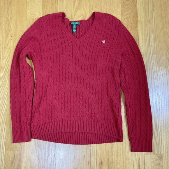 Lauren Ralph Lauren Sweater Cotton Cable Knit V-Neck Red Preppy Y2K (XL) - Picture 4 of 6